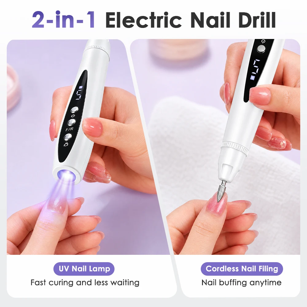 Nail Drill Rechargeable with UV LED Lamp  2-in-1 Electric Nail File Portable Manicure Tool with 5 Bits LCD Display for Home DIY
