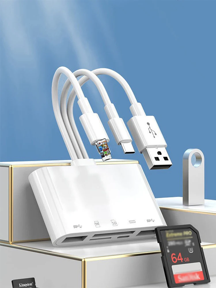 Three-wire 5-in-1 card reader, multi-function OTG converter, high-speed transmission, compatible with Iphone/Android/ipad