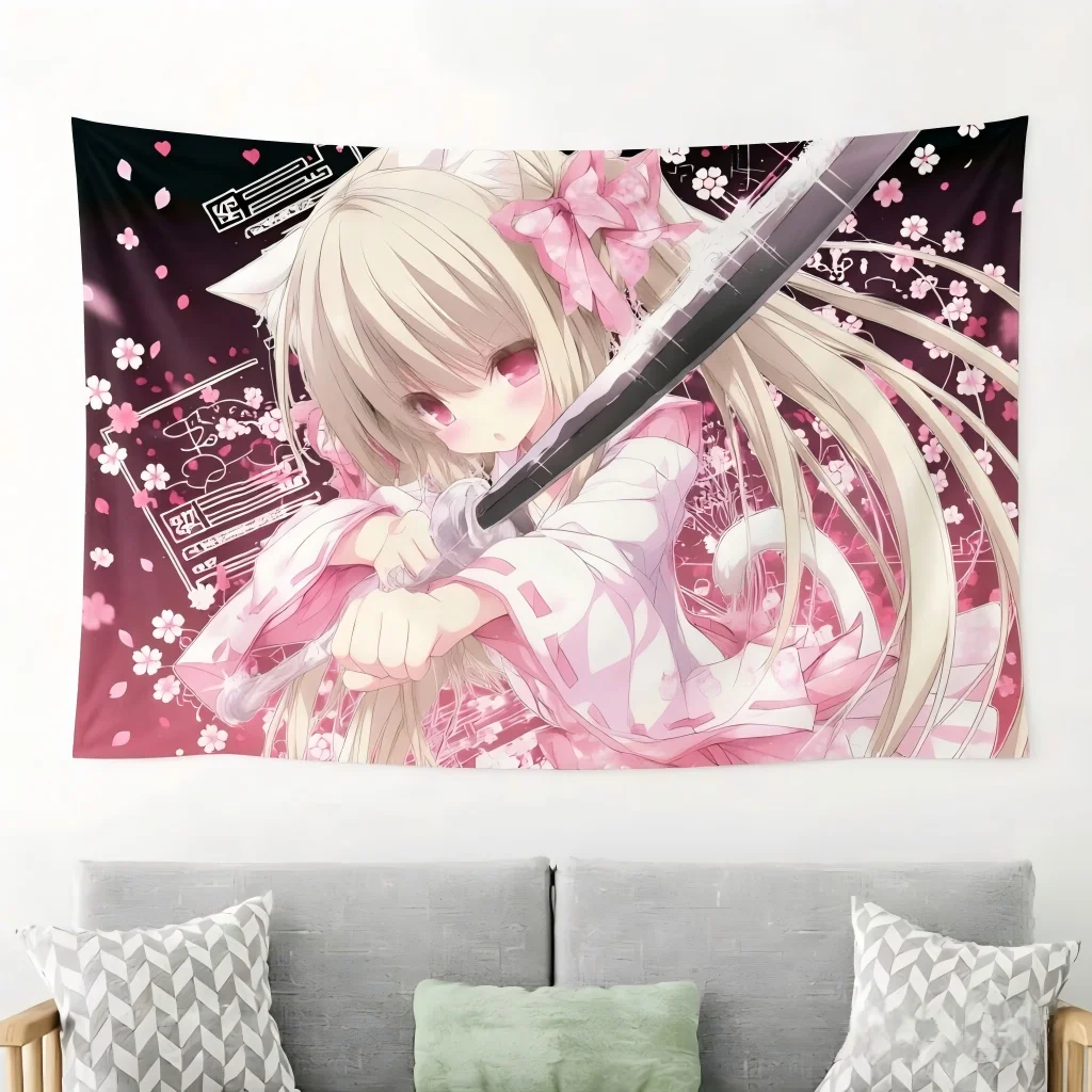 Pink Sakura Neko Anime Girl Tapestry Katana Samurai Manga Wall Hanging Kawaii Japanese Aesthetic Bedroom Dorm Background Decor