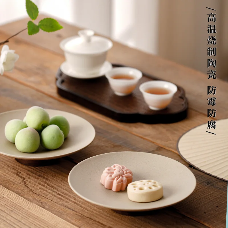 LMM Chinese Refreshment Plate High Foot Thick Ceramic Tray Sugar Cake Dim Sum Fruit Bowl