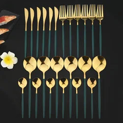 24Pcs Green Gold Cutlery Stainless Steel Dinnerware Set Spoon Fork Knife Western Cutlery Silverware Flatware Tableware Supplies