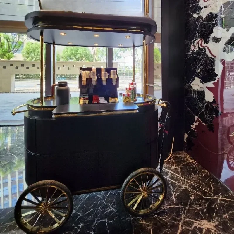 

Retro black metal dining car mobile truck with wheels Bar coffee Commercial stall car Meichen decorative float