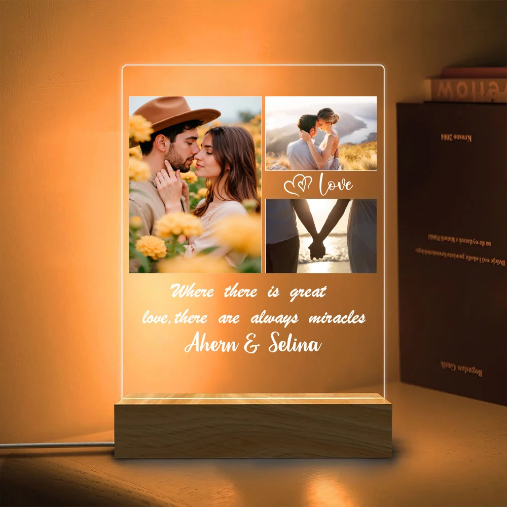 1PC Customized Photo and Text Wooden Base Acrylic Night Light,LED Warm Light Night Light, Valentine/Wedding/Birthday Gift