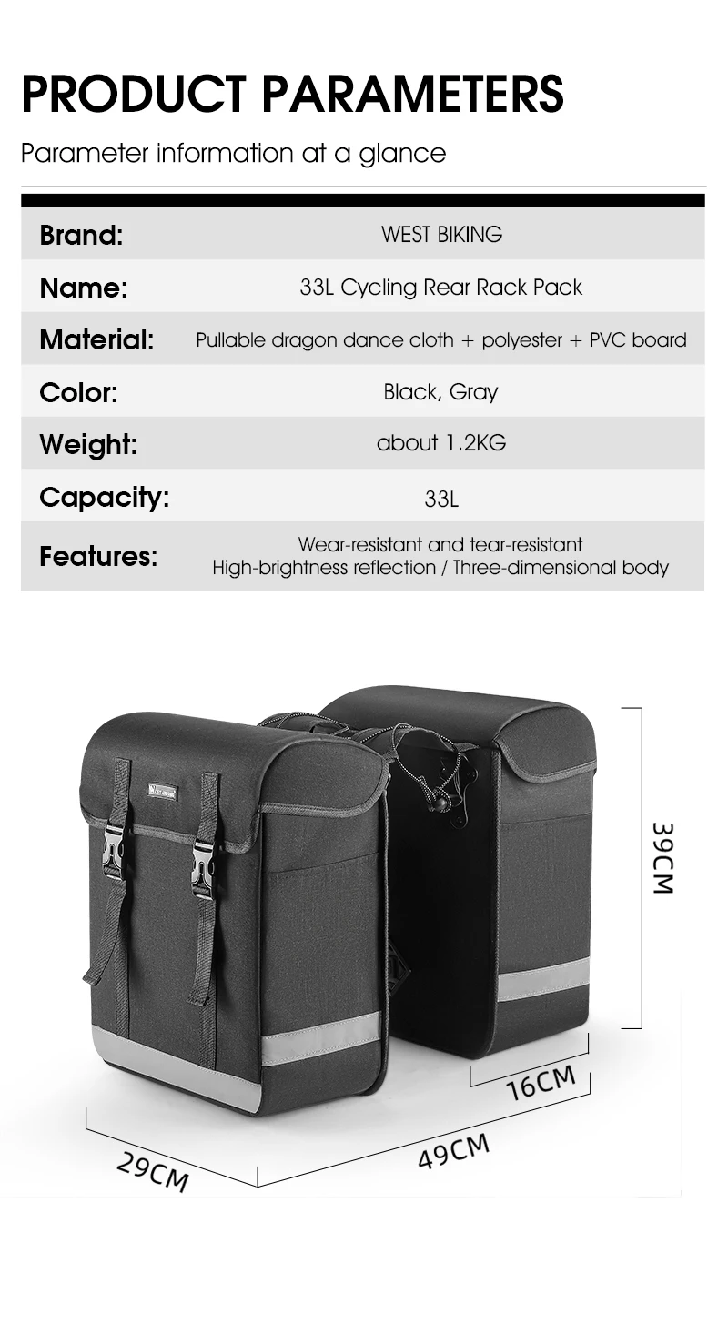 WEST BIKING 33L Große Fahrradtasche Doppelseitige Gepäckträgertasche MTB Rennrad Reisetasche Fahrradgepäckträger-Packtasche – Detail 3