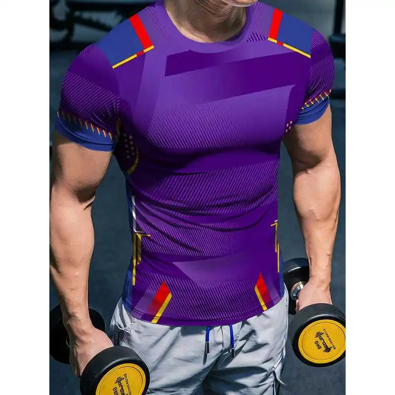 New Men's High Elastic Quick Dry Tight Fitness Short Sleeve Purple Base Blue Red Geometric Line Print Round Neck Sports T Shirt