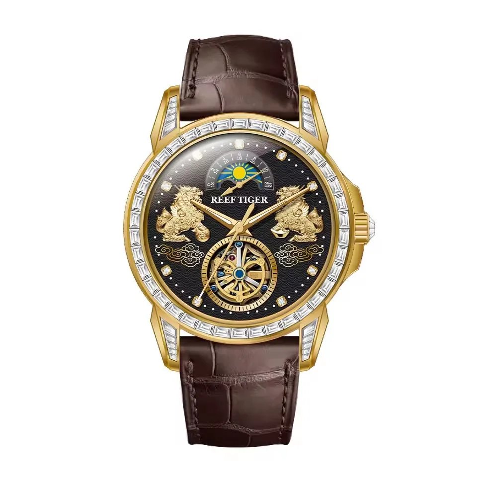 Reef Tiger Men Automatic Watch 42.7mm Luxury Mechanical Wristwatch 50M Waterproof Luminous Pixiu Skeleton Multi Dial