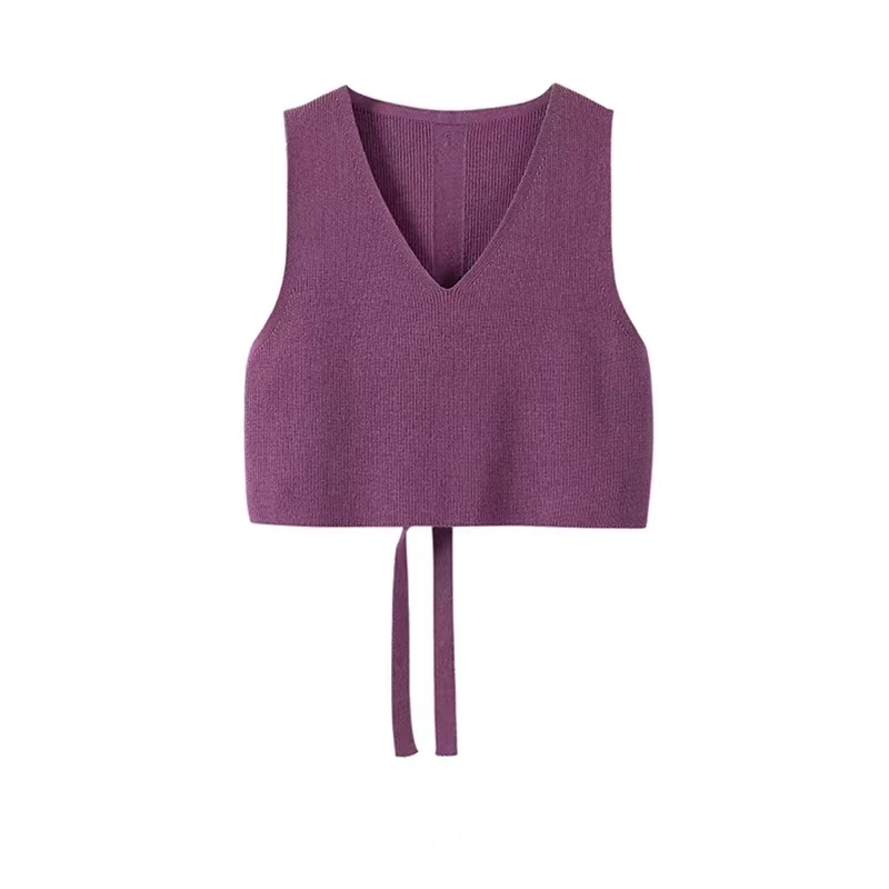 

Primavera outono feminino colete de malha camisa outerwear alça traseira com decote em v workwear estilo colete roxo moda femini