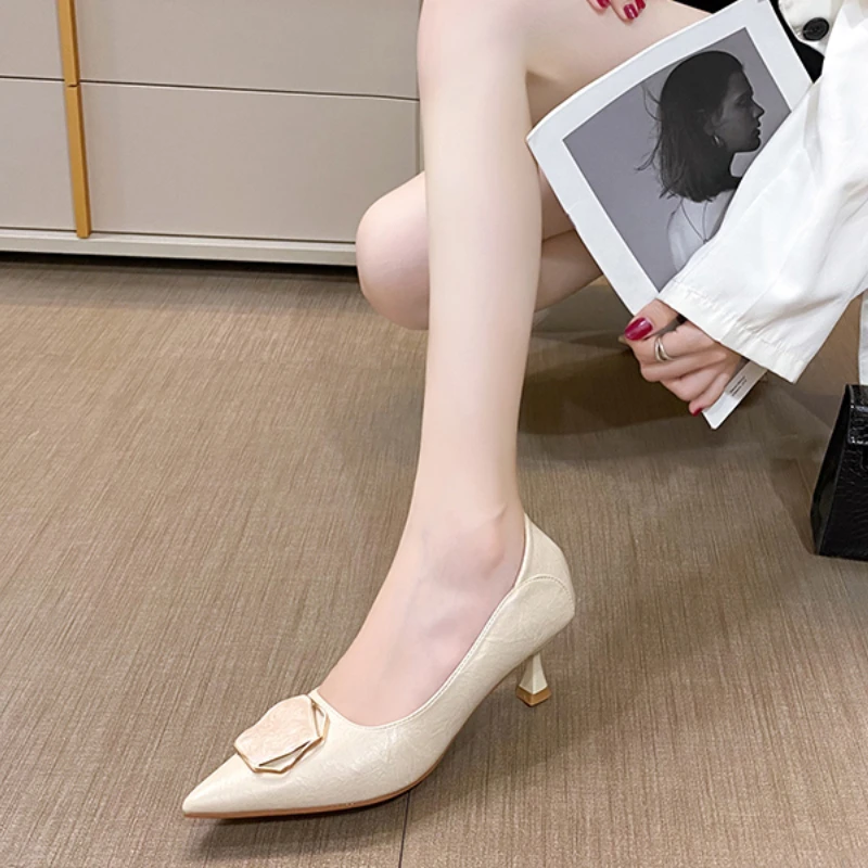 2024 Spring Summer New Style Women's High Heels Fairy Witch Shoes Pointed Toe Rubber Upper Elegant Single Shoes Explosive Model