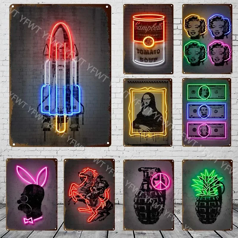 

Разные элементы неоновый эффект реактивная граната доллар Мона Лиза металлическая жестяная вывеска постер бар кофейня фотография