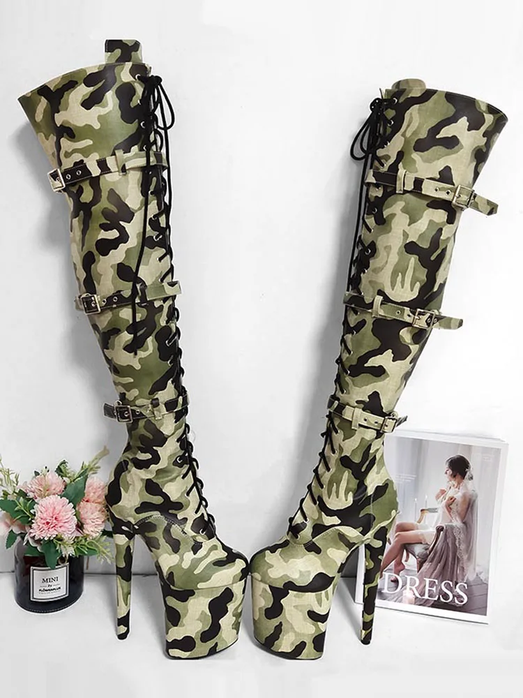 20cm Sexy Platform Fetish Camouflage Over The Knee Boots For Women 8Inch Exotic Strip Pole Dance Shoes Exotic High Heels Gothic