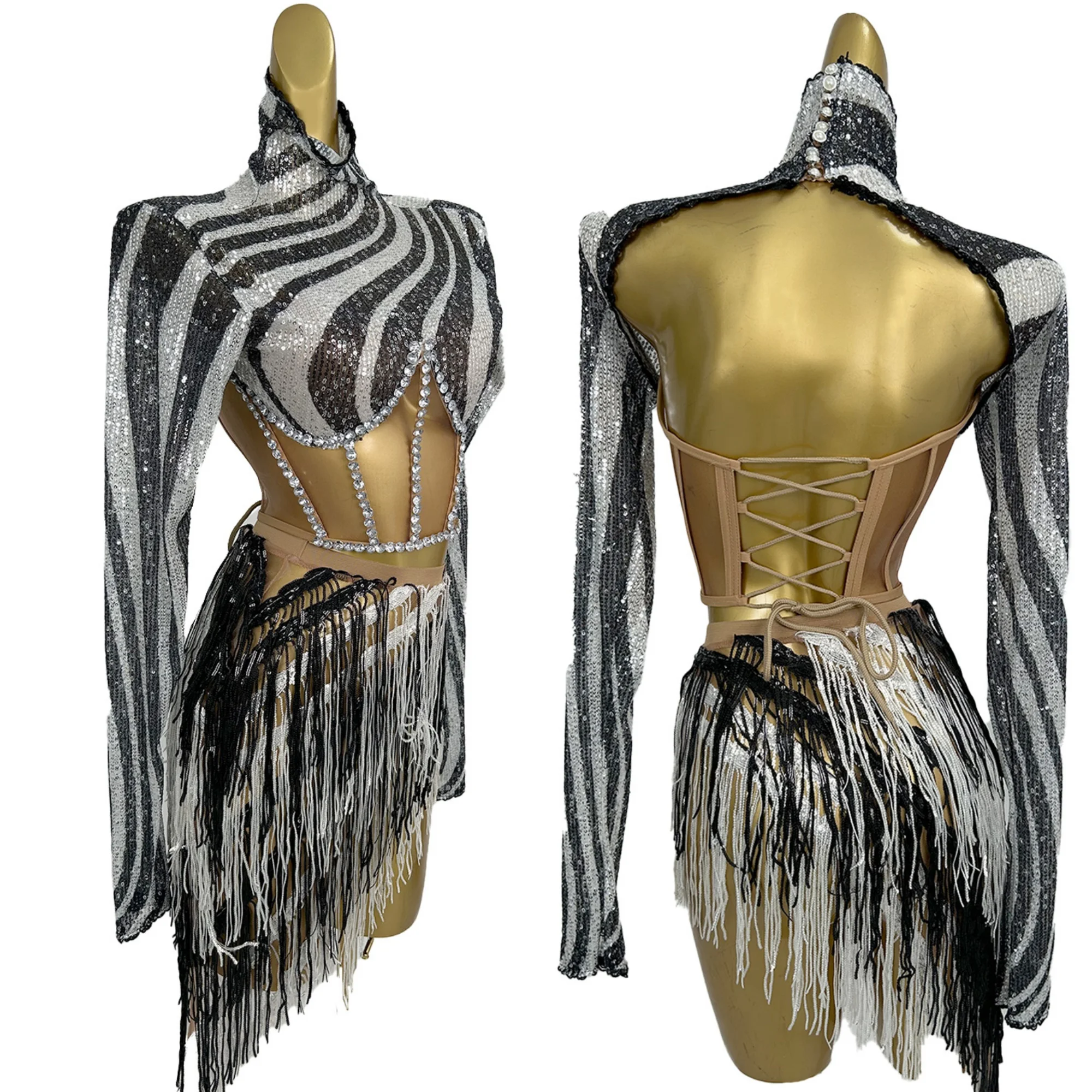 

Women Black White Stripe Tops Mini Dress 2Pieces Set Sparkly Rhinestone Sequins Tassel Sexy Latin Dance Wear Party Outfit Heibai