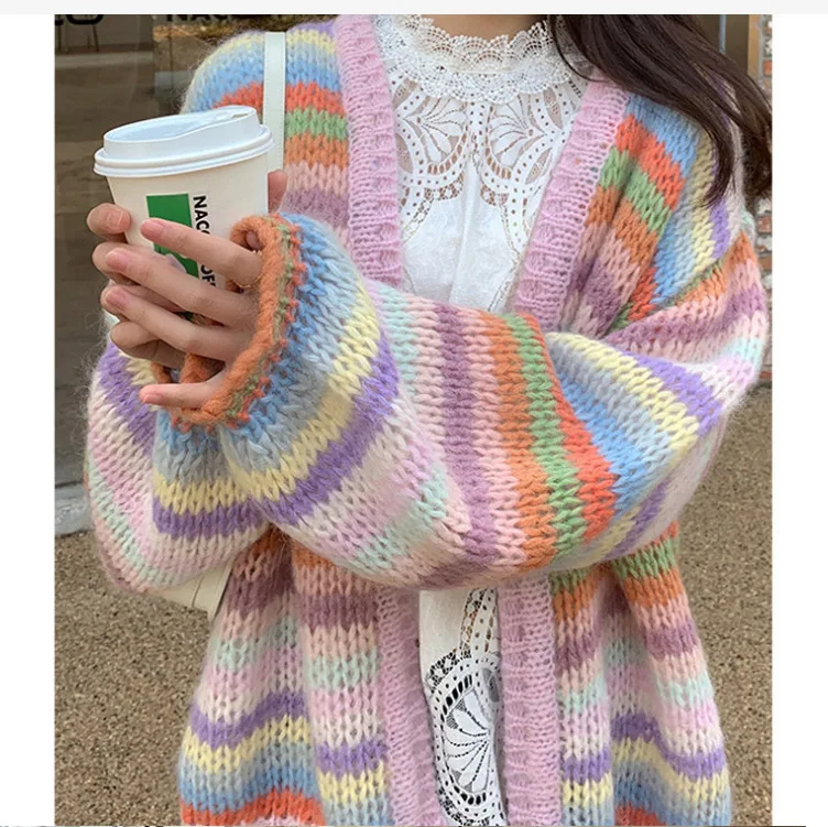 Casual Patchwork Women Knitted Cardigans Autumn Long Lantern Sleeve Crochet Sweaters Female 2024 O-neck Loose Elegant Streetwear