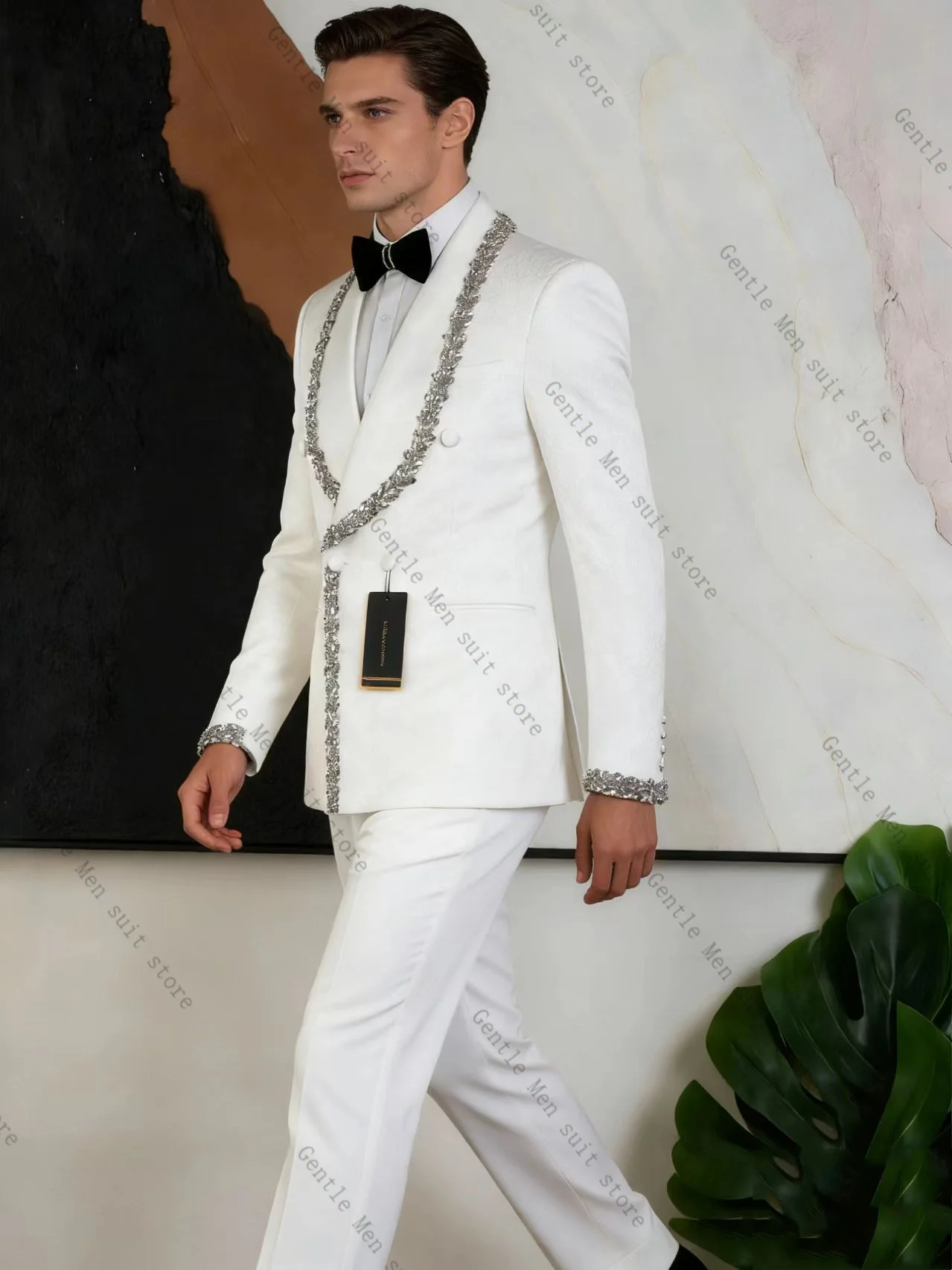 White Stone Men Suit Set 2 Pcs Blazer+Pants Trousers Cotton Groom Wedding Tuxedo Formal Office Business Jacket Coat Customized