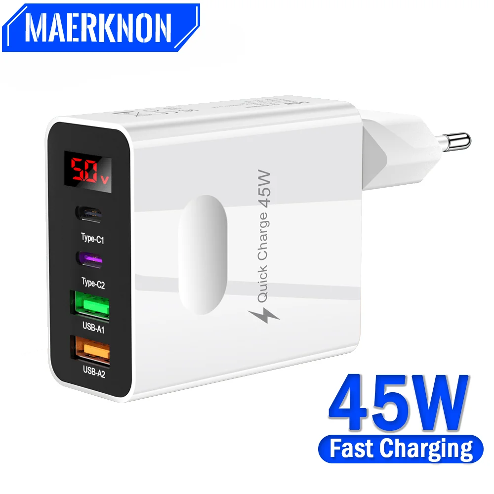 

45W USB Charger Fast Charging Type C Digtal Display Charge Adapter For iPhone Huawei Quick Charge 3.0 Wall Mobile Phone Charger