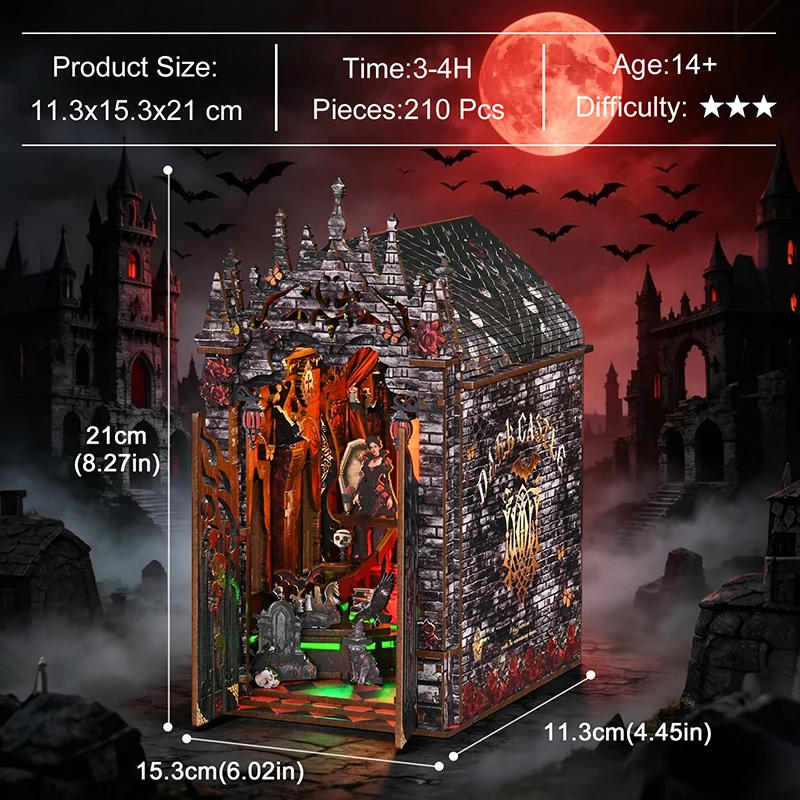 Cool DIY Gothic Castle Book Nook Kit with LED Light Dark Horror Miniature House Red Moon Bookshelf Insert Decor Gift