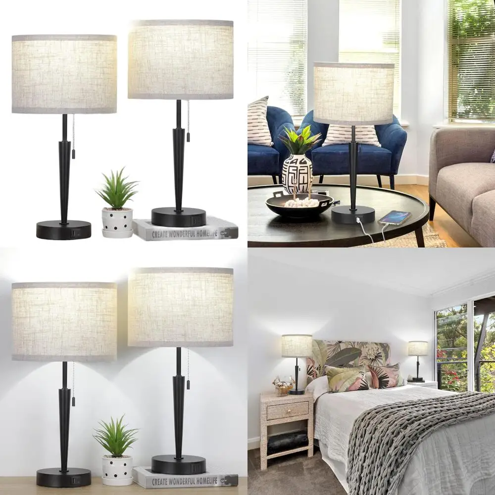 

Pair of 2 Bedroom Table Lamps with Pull Chain, USB Charging Ports, 5000K LED, Linen Shade for Living Spaces