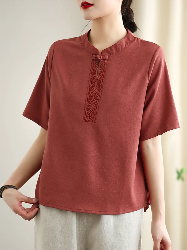 New Chinese Sle Embroidered Cotton Linen ort Sve T-irt Women Summer Vintage Button Stand Collar Linen irt Top
