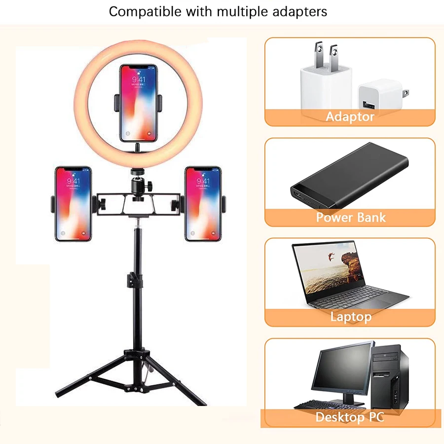 26CM Selfie Ring LED Light With 3 Mobile Phone Holder Stand Tripod Photography Studio Ring Lamps For Phone TikTok Youtube Makeup