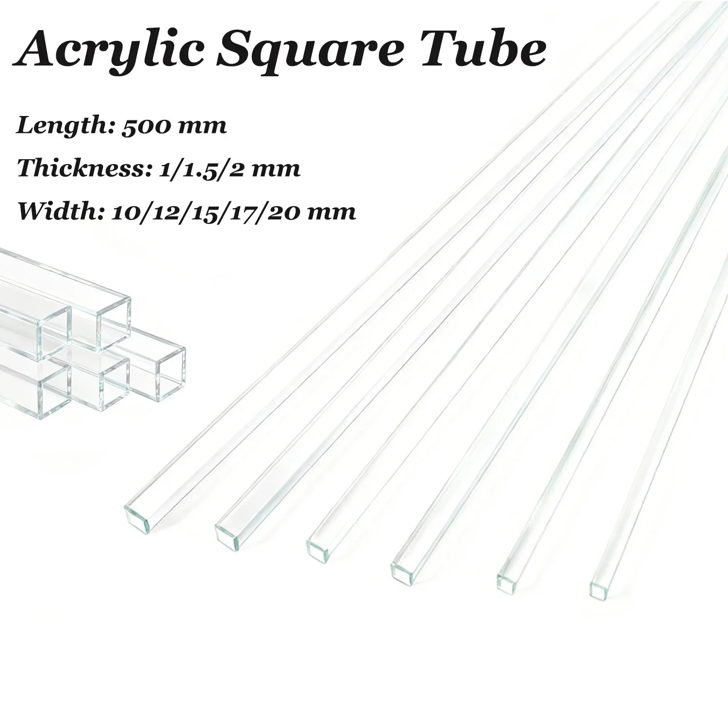 1-5Pcs 500mm Square Acrylic Hollow Tube, 10-20mm Clear Duct for DIY Craft Lamp, Home Decor, Lightings Fixture, Prototyping