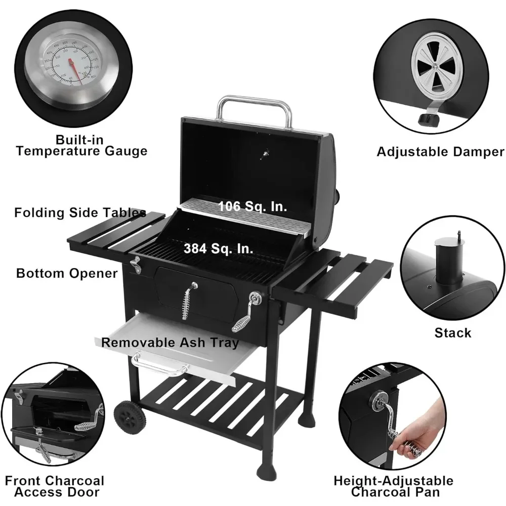 Outdoor Smoker with Side Tables, Charcoal Grill, Backyard Griller, Party BBQ, Patio Cooking, Black Barbecue Bar