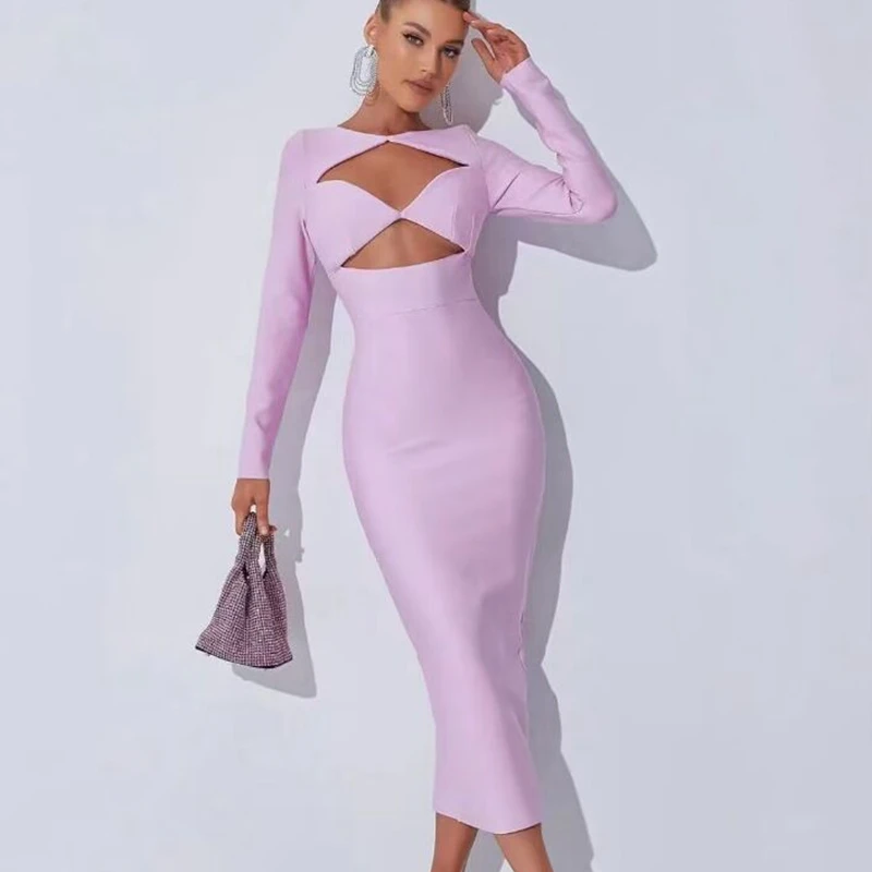 Women\'s Long Sleeve Hollow Out Bandage Dress Sexy Split Mid Black Bodycon 2024 Autumn Elegant Club Evening Party Dresses