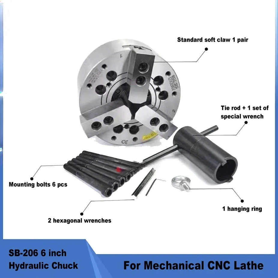 6 Inch SB-206 High Precision High Speed Hollow Hydraulic Chuck 3 Jaws Oil Pressure Chuck for CNC Lathe Mechanical Machining