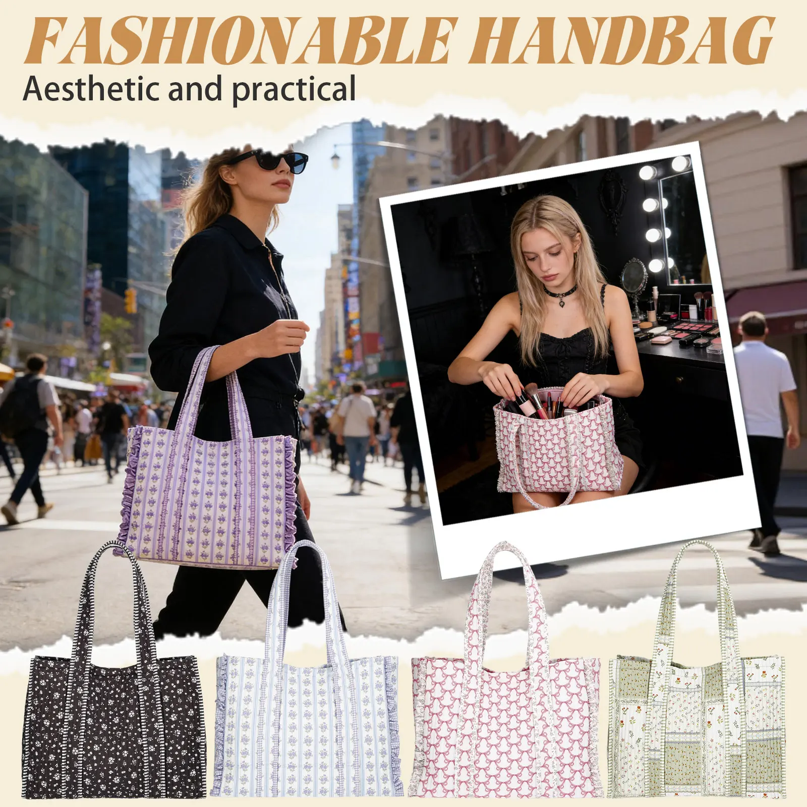

Fashionable Handbag, Women's Stylish Handbag, Floral/checked Pattern, Reusable Grocery Bags, Large Tote Bag, Commuter Handbag