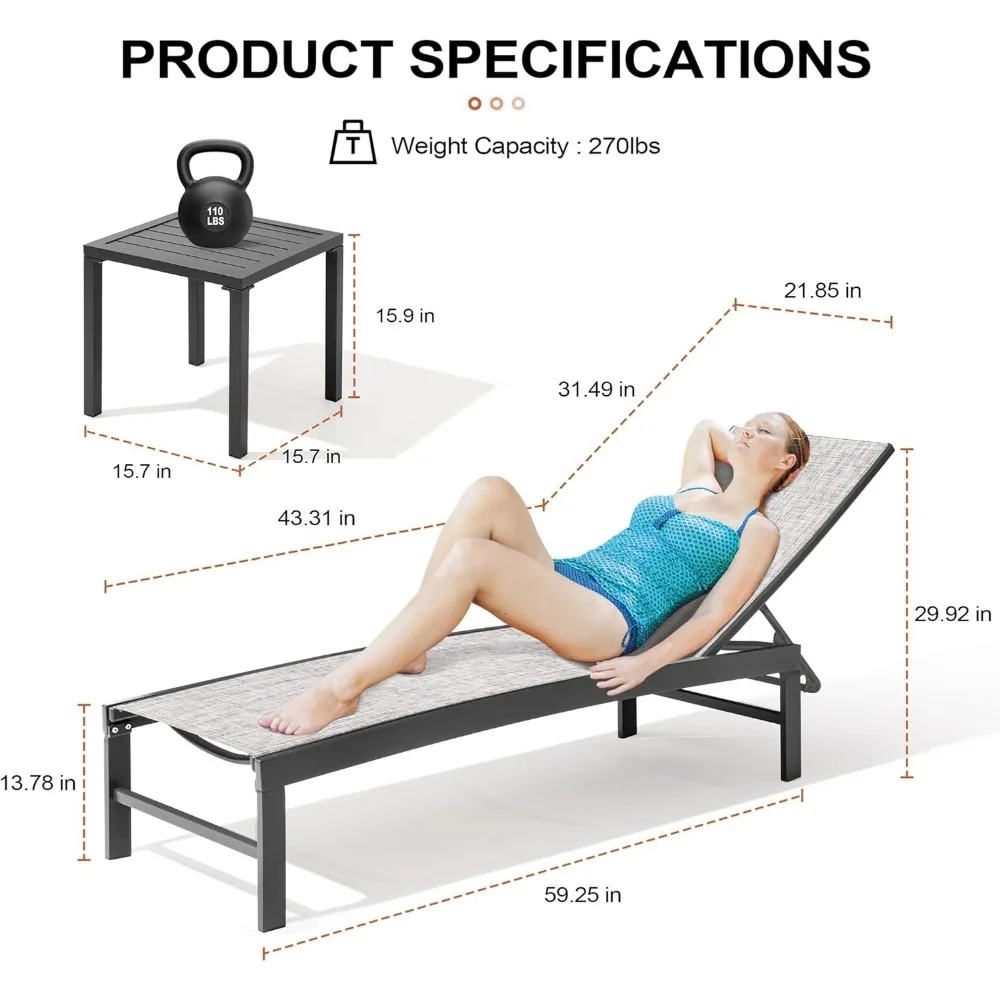 2PCS Chaise Lounge Chairs Outdoor with 1PC Side Table, Aluminum Patio Lounge Set, Adjustable Five-Position Recliner
