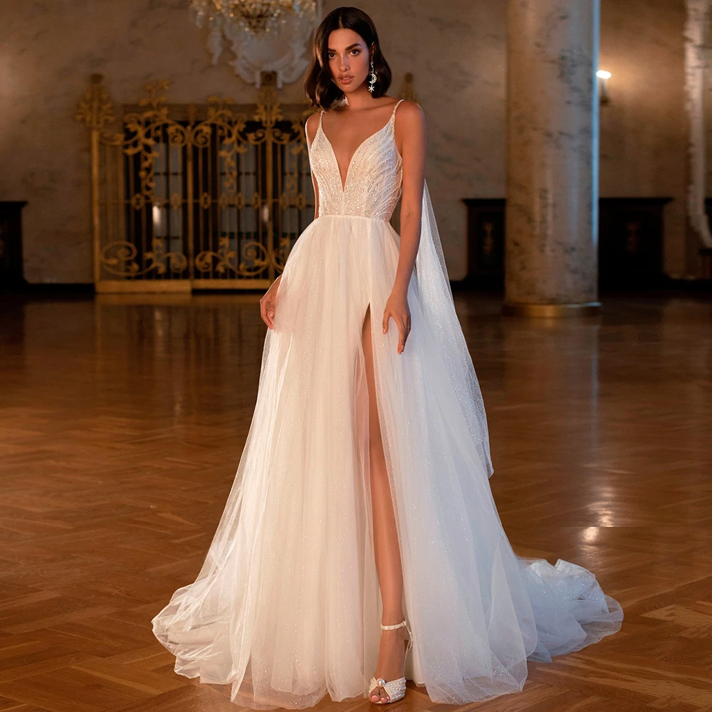 

Сверкающее свадебное платье трапециевидной формы из тюля, сексуальное свадебное платье без рукавов с разрезом по бокам и глубоким v-образным вырезом для невест со шлейфом Ватто по индивидуальному заказу