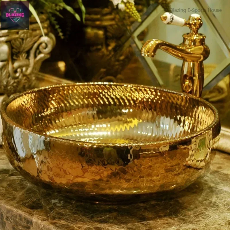 Bathroom Ceramic Sinks Art Basin Golden Round Wash Basin Toilet Household Bathroom Sink Household Washing Hand Basin