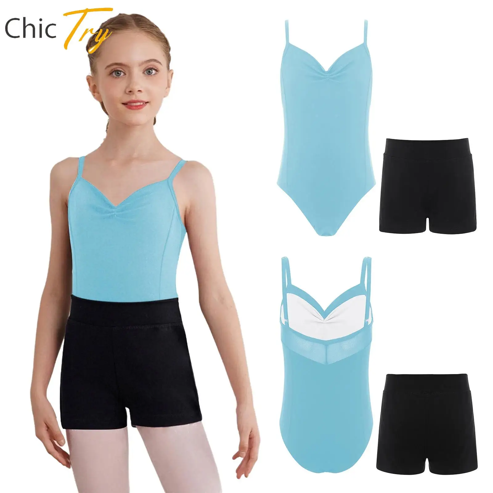 

2Pcs Girls Ballet Dance Set Gymnastics Athletics Figure Ice Skating Performance Outfit Sleeveless Ruched Leotard with Shorts Set