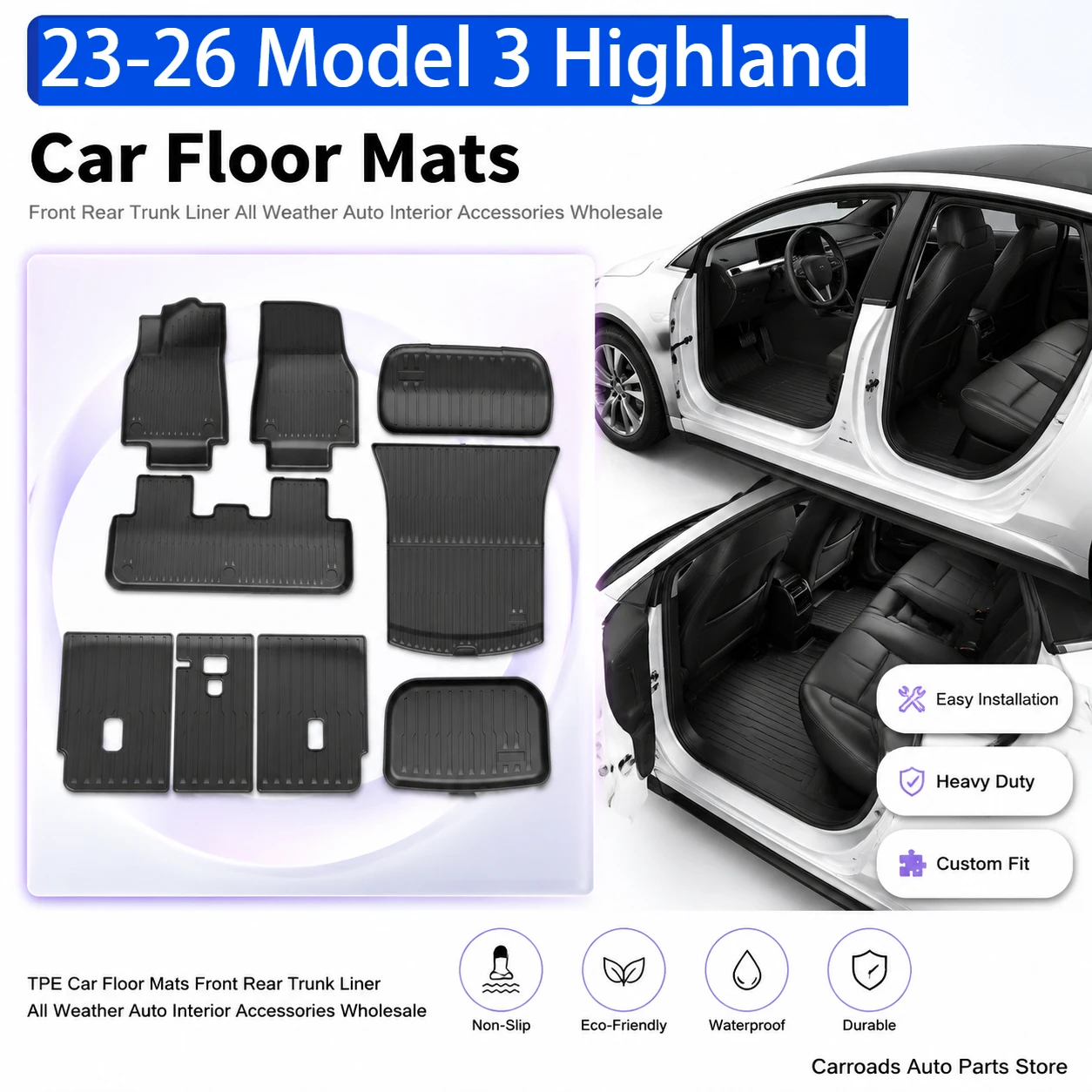 (LHD)For 23-26 Model 3 Highland 3 New Tesla Model 3 TPE Car Floor Mats Front Rear Trunk Liner All Weather Auto Interior