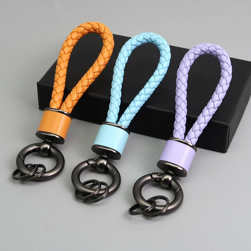 Braided Rope Keychain PU Leather Woven Wristlet Keychain Strap For Men Women DIY Key Chains Bag Car Key Ring Jewelry Accessories