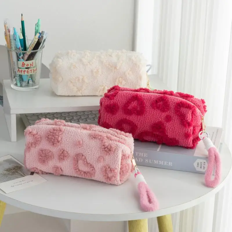 1 Piece Cute Plush Makeup Bags For Women Pink Red Color Heart Cosmetic Bags With Lanyard Girl Large Capacity Travel Organizer