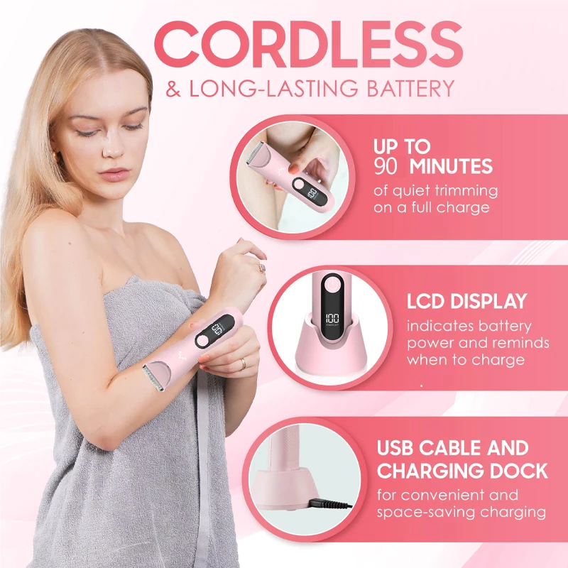 Recortador de bikini para mujer, pelos pubianos, maquinillas de afeitar eléctricas indoloras, afeitadora recargable para mujer, resistente al agua IPX7 para vello corporal (rosa)