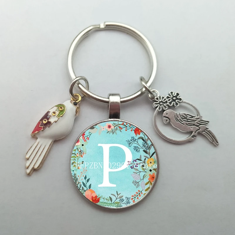 A-Z letter glass keychain fashion animal bird parrot charm car keychain enamel bird key ring pendant gift for men and women