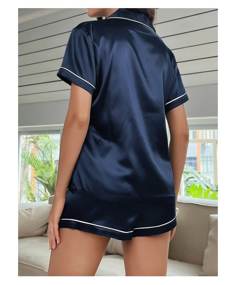 Luxuriöser Satin-Pyjama für Damen, Umlegekragen, Knopfleiste und Shorts, Nachtwäsche und Loungewear für den Sommer, Heimkleidungsanzug – Detail 33