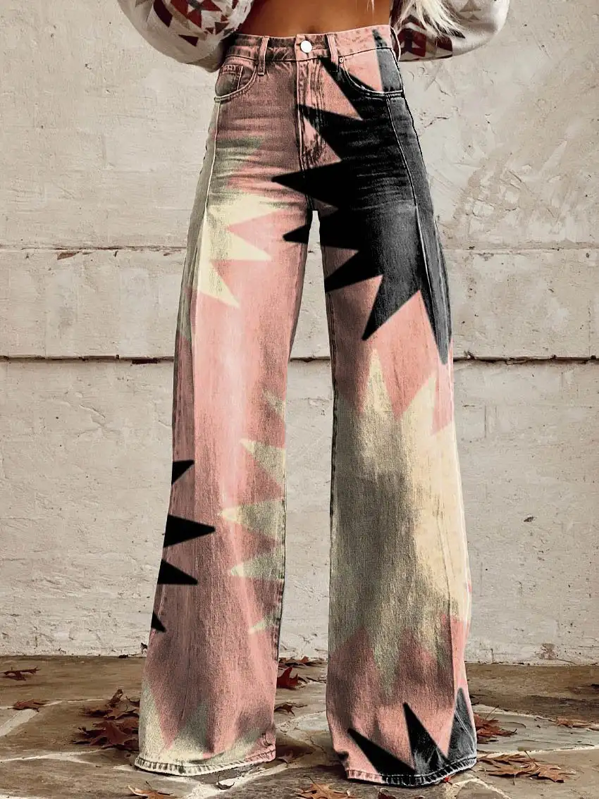 2024 cross-border hot selling hot-selling printed imitation jeans new loose casual versatile high-waisted wide-leg pants loose