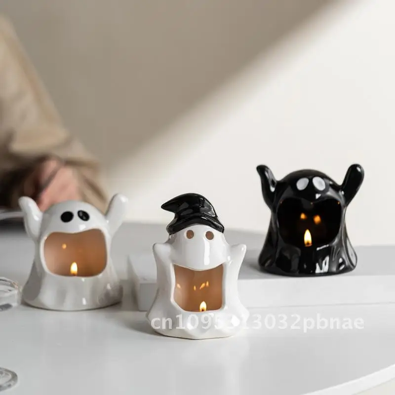 Cute Ghost Multicolor Ceramic Candle Holder Crafts Halloween Atmosphere Decorative Ornaments