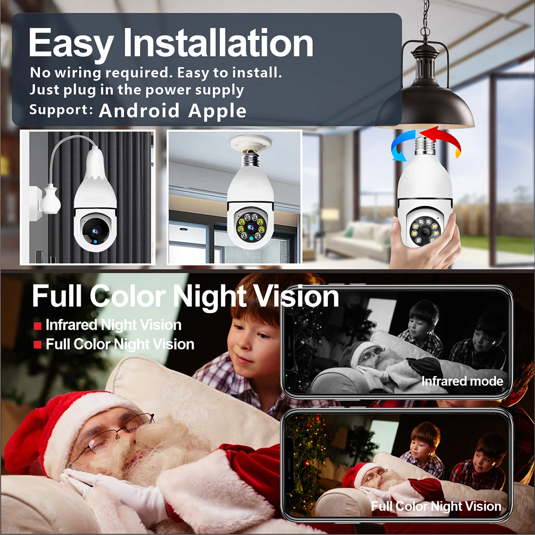 Light Bulb Security Camera Outdoor Wireless WiFi(5G/2.4G )360°Motion Detector Lightbulb Camera,Two Way Talk/HD/Night Vision