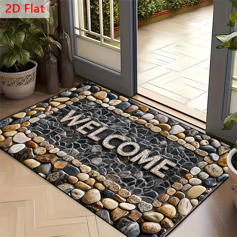 2D Flat Single-Pack Durable Non-Slip Door Mat with a Stone Pattern Design, Machine Washable, Suitable for High Foot Traffic Ar
