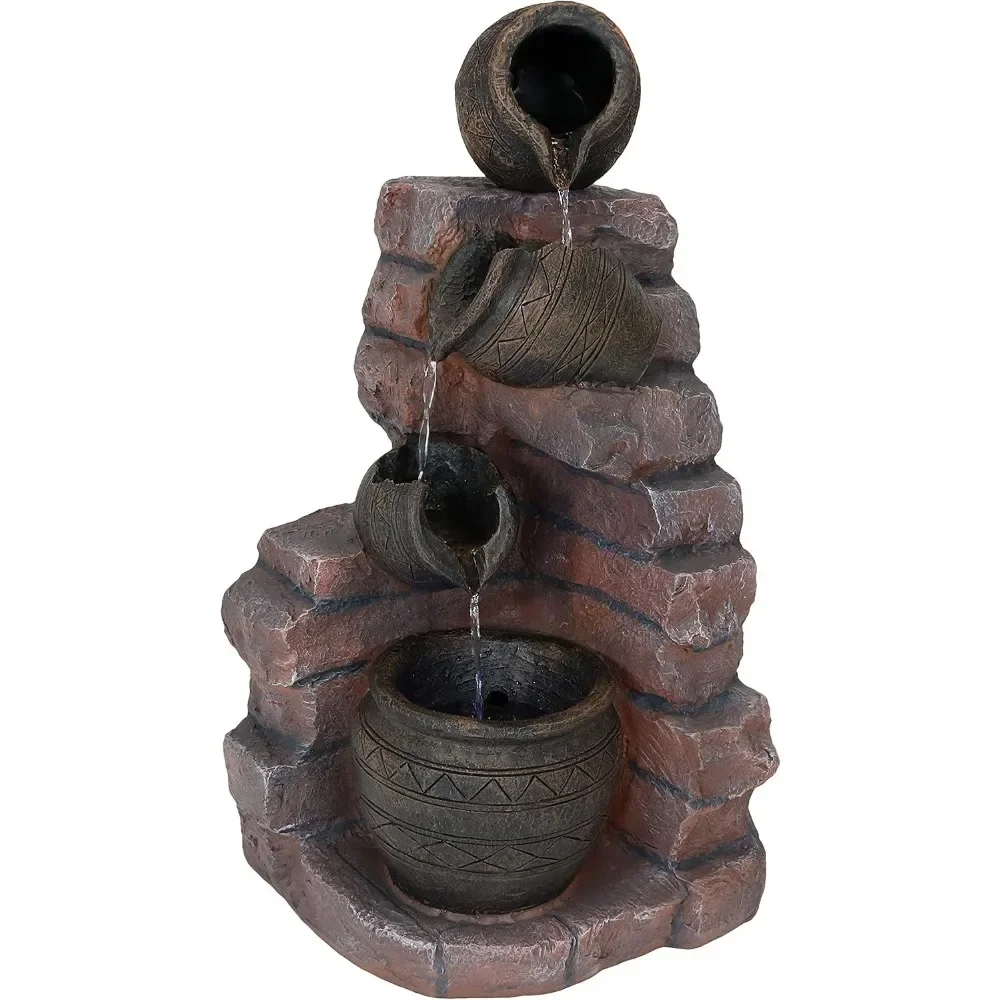 

Crumbling Bricks and Pots 27-Inch Fountain with LED Lights and Battery-Powered Backup, Submersible Pump, Waterfall Fountain