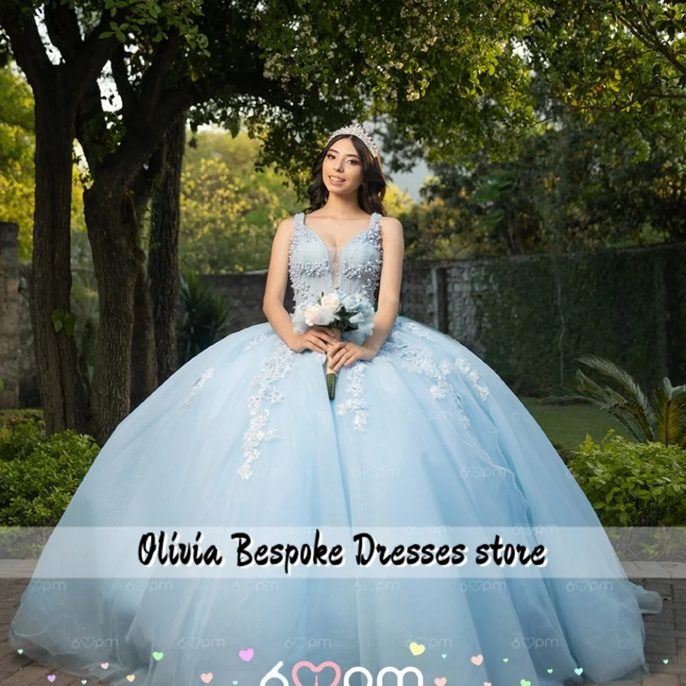

Light Blue Spaghetti 15 Years Quinceanera Dresses Beaded Lace Appliques Ball Gown vestidos de xv años Customized