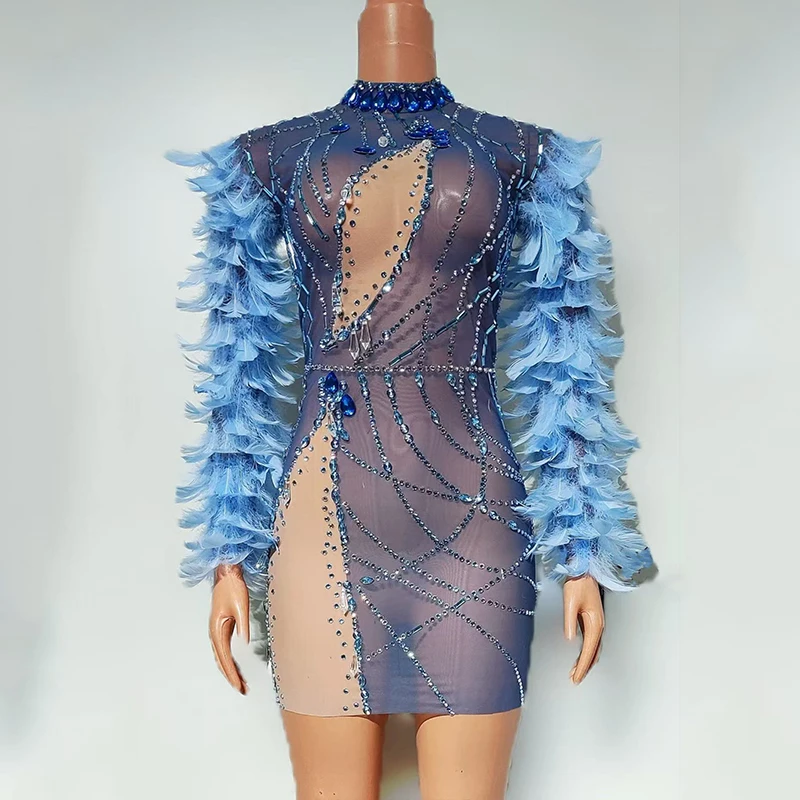 

Sexy Short Dresses Rhinestone Blue Party Dress Feather Fluffy Sleeve Women Stage Performance Clothes Nightclub Dance Wear 3353
