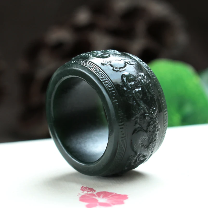 

Natural hetian cyan jade ring, handmade dragon sculpture simple jade ring, men party wedding jewelry gift rings for men