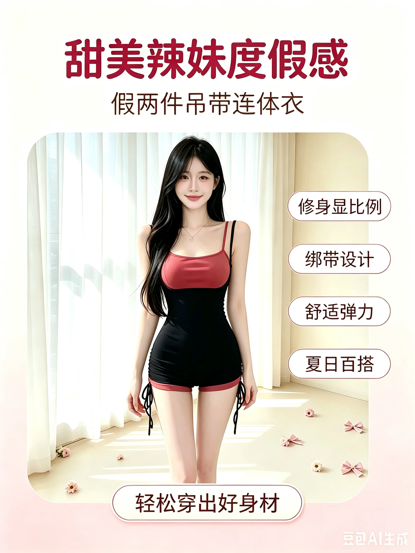 Pure Y2K Sexy Fake Two-Piece Camisole Bodysuit, Summer Casual Vacation Strap-Tie Yoga & Sports Shorts