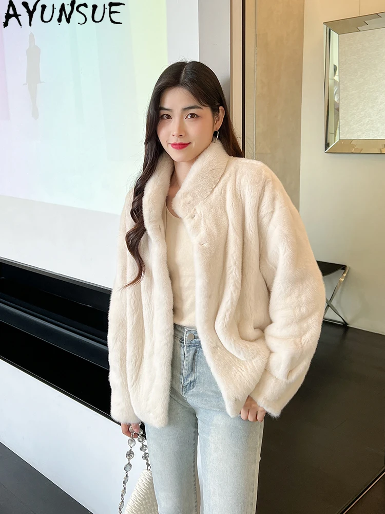 AYUNSUE Куртка из натурального бархата норки с воротником-стойкой Роскошная куртка из цельной норки для женской одежды Высокое качество Кофта С Мехом