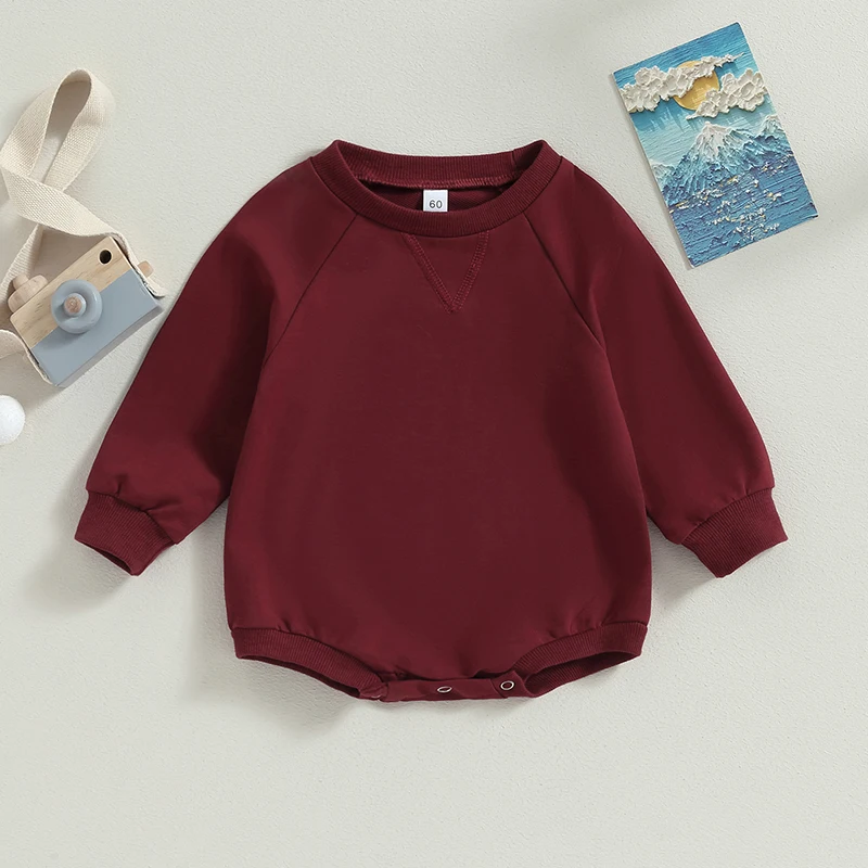 Unisex Baby Girl Boy Fall Bubble Romper Oversized Crewneck Sweatshirt Romper Solid Long Sleeve Pullover Bodysuit Top