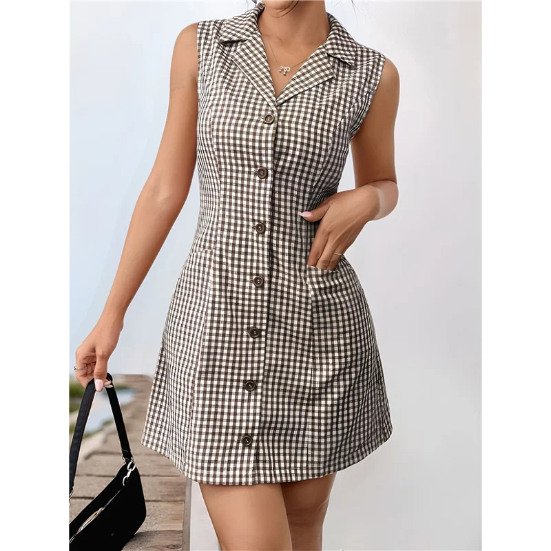 AOAO-robes courtes boutonnées pour femmes, robe chemise trapèze sans manches avec poche