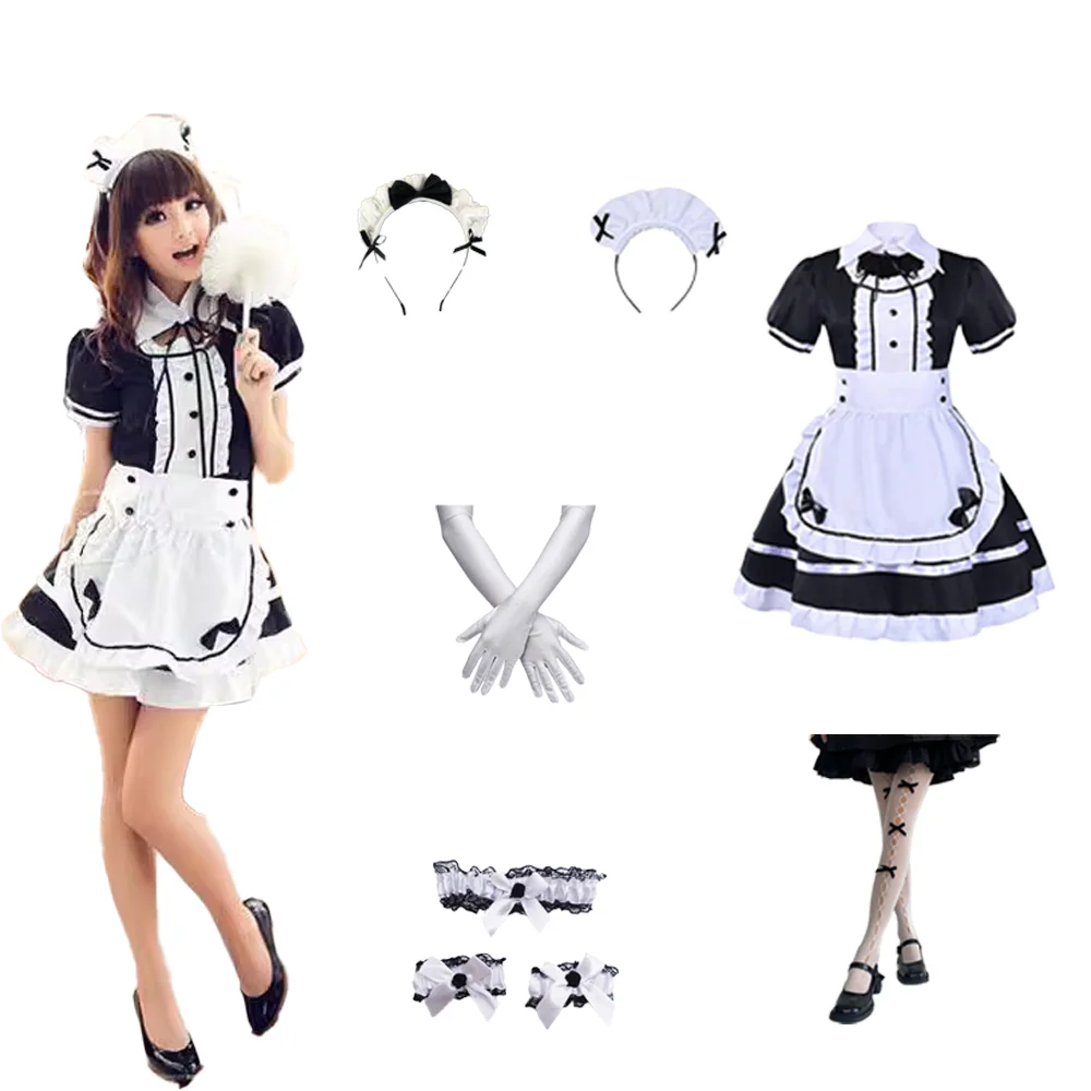 

PESENAR French Maid Apron Lolita Fancy Dress Cosplay Costume Furry Cat Ear Gloves Socks set